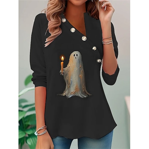 

Mujer Camiseta camisa de halloween Negro Fantasma Estampado Manga Larga Víspera de Todos los Santos Fin de semana Básico Escote en Pico Ajuste regular Pintura Primavera Otoño