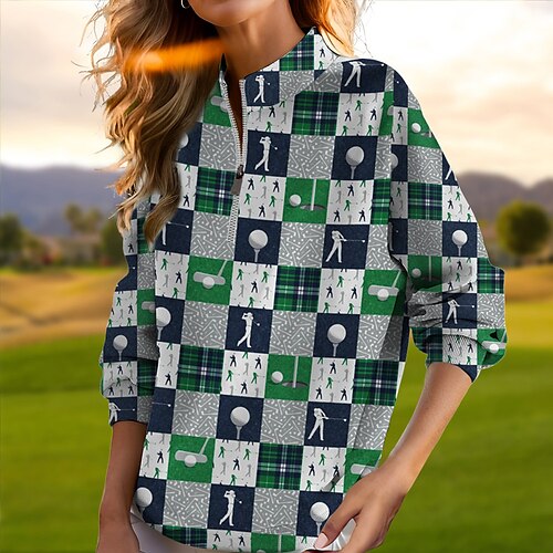 

Femme Pull de golf Sweat Golf Chaud Respirable Evacuation de l'humidité manche longue Vêtements d'extérieur de golf Top Standard Zippé Poches latérales Imprimé Printemps Automne Tennis Le golf