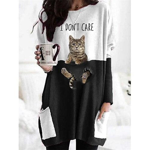 

Femme T shirt Tee Noir Blanche Rouge Chat 3D Poche Imprimer manche longue du quotidien Fin de semaine basique Col Rond Standard Chat 3D Peinture