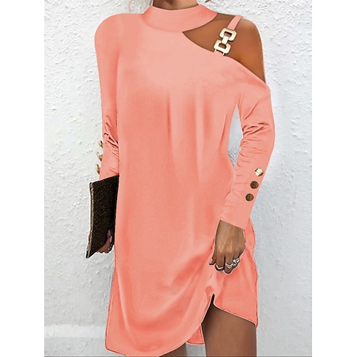 

Women's Casual Dress Plain Dress SpringDress Mini Dress Cold Shoulder Daily Date Going out Fashion Basic Stand Collar Long Sleeve 2023 Loose Fit Black White Pink Color S M L XL XXL Size