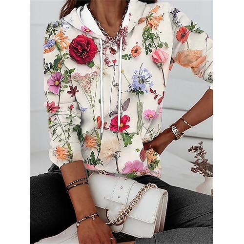 moletom feminino com capuz, pulôver, floral, rua, casual, cordão, bolso frontal, vintage, básico, moletom com capuz, manga comprida, microelástico, outono&amp;tecido macio respirável e confortável