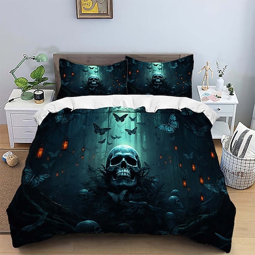 

juego de cama feliz de halloween cabeza de calavera cabeza de calabaza juego de cama con estampado de murciélago juego de edredón adecuado para niños y adolescentes decoración tema de terror juego de