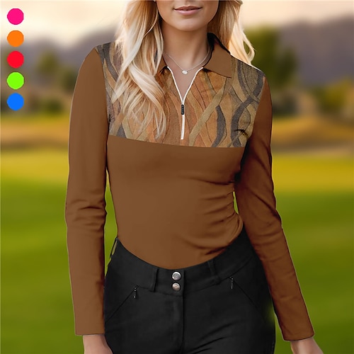 

Mulheres Camisa polo de caminhada Camisa de golfe Respirável Secagem Rápida Pavio Humido Manga Longa Vestuário de golfe Roupas de golfe Normal Zíper Colarinho Alto Estampado Maillard Primavera Outono