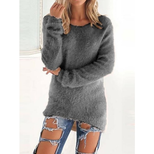 

Women's Pullover Sweater Jumper Stylish Casual Soft Solid Color Fuzzy Crew Neck Oversized Long Sleeve Long Tops Knit Outdoor Daily Going out Lake blue ArmyGreen Fall Winter