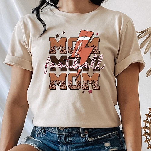 

Damen T Shirt Weiß Khaki Leopard Buchstabe Bedruckt Kurzarm Täglich Wochenende Basic Rundhalsausschnitt football mom Regular Fit Farbe