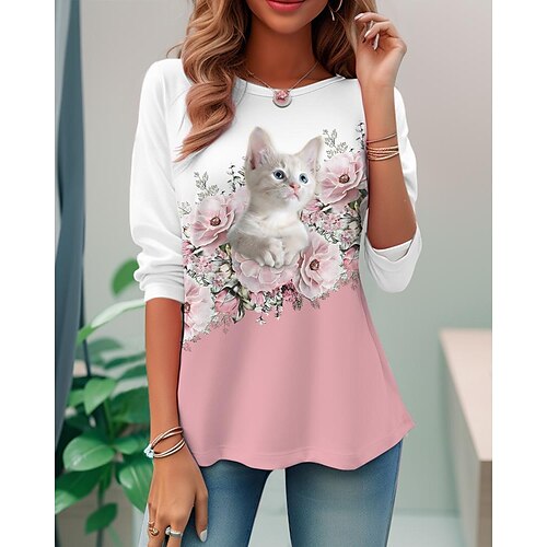 

Femme T shirt Tee Rose Claire Floral Chat Imprimer manche longue du quotidien Fin de semaine basique Col Rond Standard Fleur Chat Peinture Printemps Automne