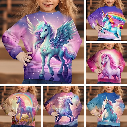 

Girls' 3D Graphic Cartoon Unicorn T shirt Tee Long Sleeve 3D Print Summer Fall Active Fashion Cute Polyester Kids 3-12 Years Outdoor Casual Daily Regular Fit