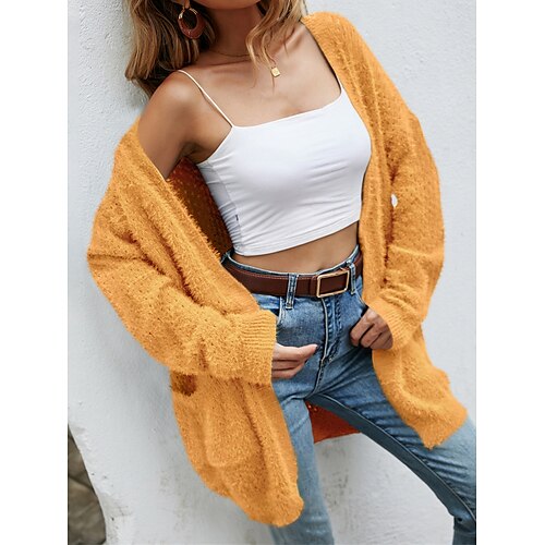 

Mujer Chaqueta de Punto Puente Estriado Tejer Sayo Bolsillo Color sólido Escote en Pico Elegante Casual Exterior Diario Otoño Invierno Negro Amarillo S M L