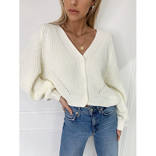 

Mulheres Sueter Cardigan Saltador Estriado Tricotar Botão Côr Sólida Decote V à moda Casual Diário Para Noite Manga lanterna Outono Inverno Preto Branco S M L