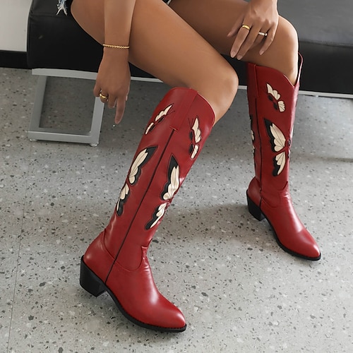 

Mujer Botas Botas cowboy Botas vaqueras Diario Paseo Invierno Tacón Plano Tacón Cuadrado Vintage Casual Cuero Sintético PU Negro / Rojo Almendra Rojo