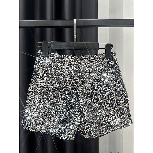 

Women's Silver Black Sequin Shorts Micro-elastic Mid Waist Sparkle Party Street Silver Black S M Fall Winter