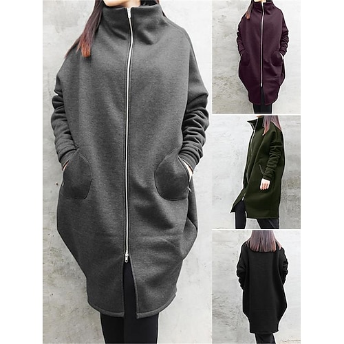 

Manteau Femme Extérieur Plein Air du quotidien Sortie mode Décontractées Minimalisme Style de rue Avec poches Full Zip Longue Manteau Noir Violet Vert Automne Hiver fermeture Éclair Mao Standard S M