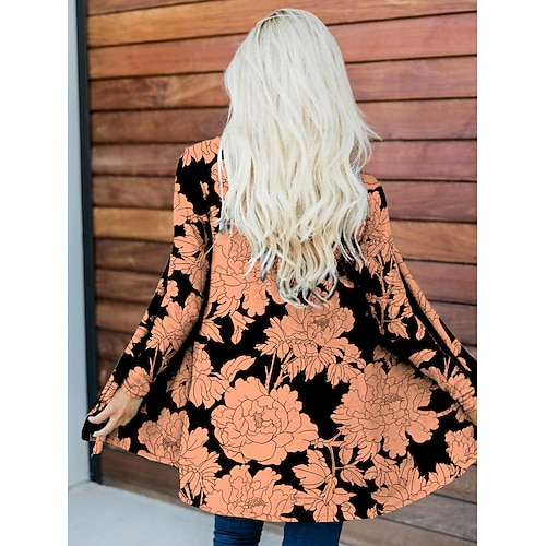 

Women's Casual Jacket Causal Print Flower Fashion Loose Fit Outerwear Long Sleeve White S