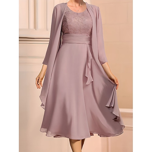 

Mulheres Conjunto de vestido de duas peças Vestido casual Vestido de renda Ao ar livre Diário Moda Elegante Renda Frufru Vestido midi Gola Redonda Manga 3/4 Tecido Normal Roxo Verão Primavera S M L