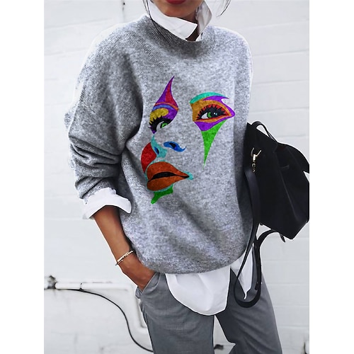 

Women's Pullover Sweater Jumper Jumper Ribbed Knit Print Abstract Shirt Collar Casual Soft Daily Weekend Drop Shoulder Fall Winter Gray S M L