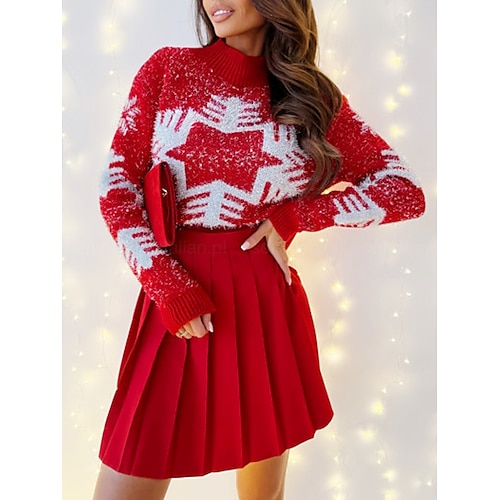 

Mujer Suéter de punto Puente Estriado Tejer Estampado Copo Escote Chino Elegante Casual Navidad Diario Otoño Invierno Rojo S M L