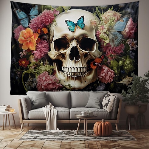 

halloween crânio pendurado tapeçaria arte da parede grande tapeçaria mural decoração fotografia pano de fundo cobertor cortina casa quarto sala de estar decoração flor borboleta