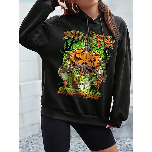 

Women's Hoodie Sweatshirt Pullover Halloween Sweatshirt Basic Black Graphic Halloween Hoodie Long Sleeve Top Micro-elastic Fall Winter