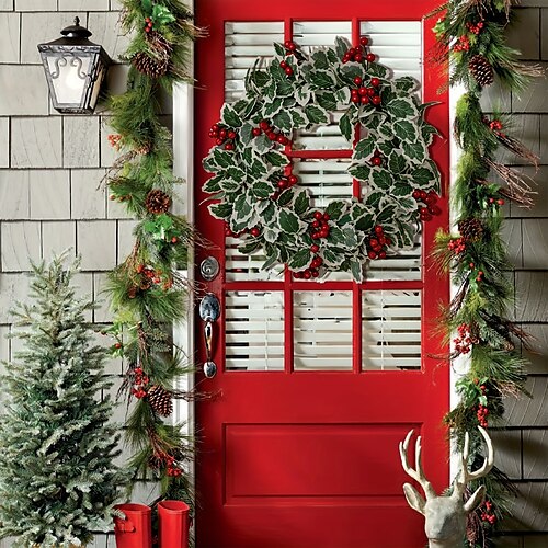 

1 corona de Navidad de 12.0 in para puerta de entrada, corona de Navidad con hojas de pino verde, conos, campanas rojas, decoración del hogar para exteriores, arrecife interior, ventanas, pared,