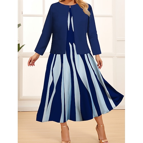 

Zweiteiliges Damen-Kleid-Set in Übergröße, lässiges Kleid, Swing-Kleid, Outdoor-Büromode, Streetwear, bedrucktes Midikleid, Rundhalsausschnitt, lange Ärmel, geometrisches Farbblockmuster, normale