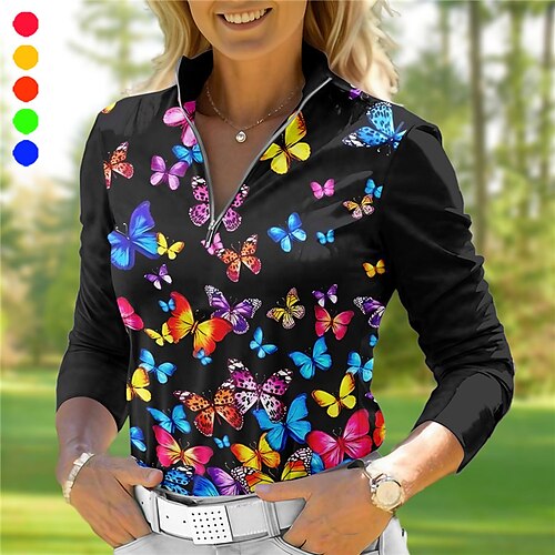 

Women's Polo Shirt Golf Shirt Breathable Quick Dry Moisture Wicking Long Sleeve Golf Apparel Golf Clothes Regular Fit Zipper Stand Collar Butterfly Funny Spring Autumn Tennis Golf Pickleball