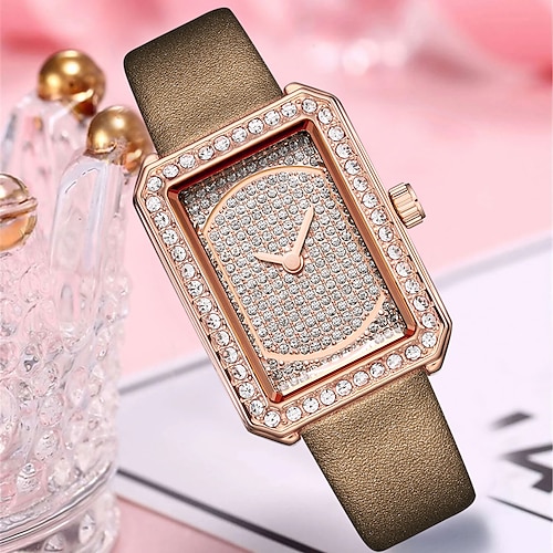 

Luxus strass frauen quarzuhr mode rechteck zifferblatt leder kleider romantische armbanduhr weibliche uhr heiße beiläufige reloj mujer