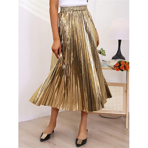 

Women's Swing Long Skirt Midi Polyester Silver Black Golden Light Gold Skirts All Seasons Pleated Shiny Metallic Long Lined Fashion Shiny Street Casual Daily S M L