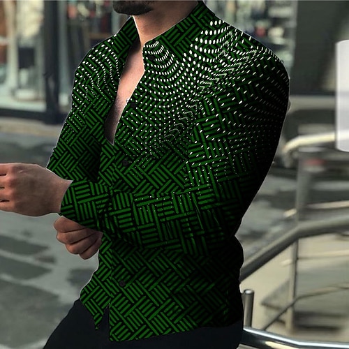 

Hombre Camisa A Lunares Estampados Geometría Cuello Vuelto Azul Marino Verde Trébol Exterior Calle Manga Larga Estampado Ropa Moda Ropa de calle Design Casual