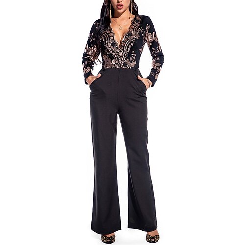 

Damen Jumpsuit Patchwork Pailletten Farbblock V Ausschnitt Strassenmode Ausgefallene Party Ausgehen Regular Fit Langarm Schwarz Rote S M L XL Herbst