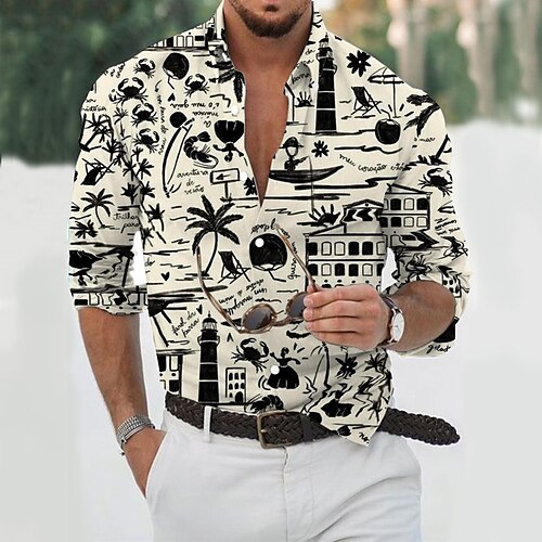 

Hombre Camisa Pintada Cuello Vuelto Albaricoque Exterior Calle Manga Larga Estampado Ropa Moda Ropa de calle Design Casual