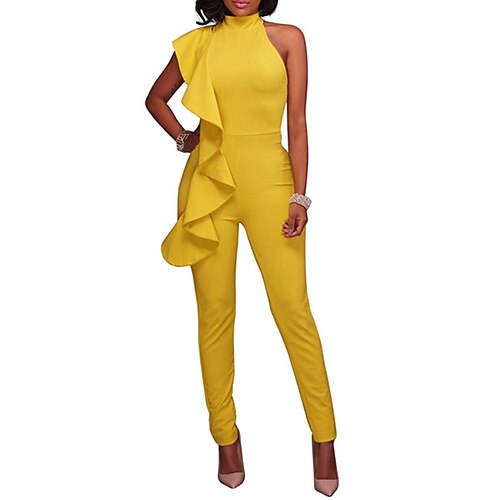 

Women's Jumpsuit Ruffle High Waist Solid Color Stand Collar Business Office Work Regular Fit Sleeveless Black White Yellow S M L Summer