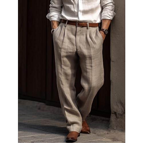 

Men's Linen Pants Trousers Summer Pants Pleated Pants Front Pocket Straight Leg Plain Comfort Breathable Casual Daily Holiday Fashion Basic Black White
