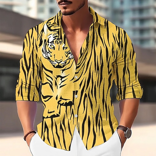 

Herren Hemd leinenhemd Tier Tiger Grafik-Drucke Umlegekragen Gelb Blau Outdoor Strasse Langarm Bedruckt Bekleidung Leinen Modisch Strassenmode Designer Brautkleider schlicht