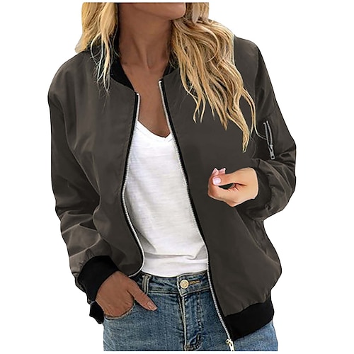 

Mujer Chaqueta de bombardero Chaqueta casual Exterior Escote Chino Cremallera Plano Transpirable Moda Ajuste regular Ropa de calle Manga Larga Primavera Blanco S