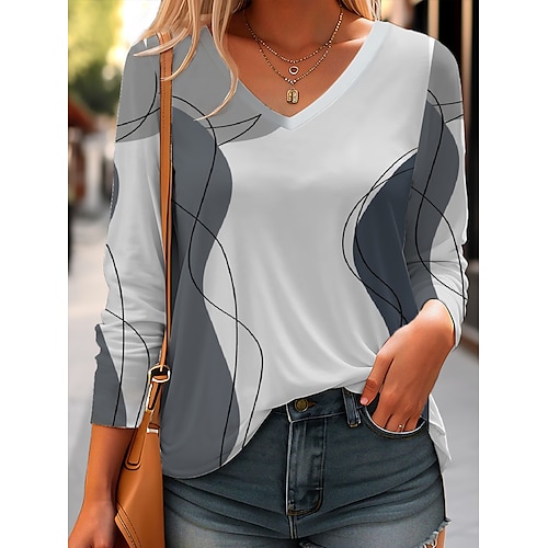 

Femme T shirt Tee Noir Blanche Gris foncé Géométrique Imprimer manche longue du quotidien Fin de semaine basique Col V Géométrique Peinture