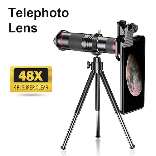 

48x super telefoto zoom lente do telefone móvel telescópio de metal monocular poderoso móvel hd teleobjetiva com tripé para acampar