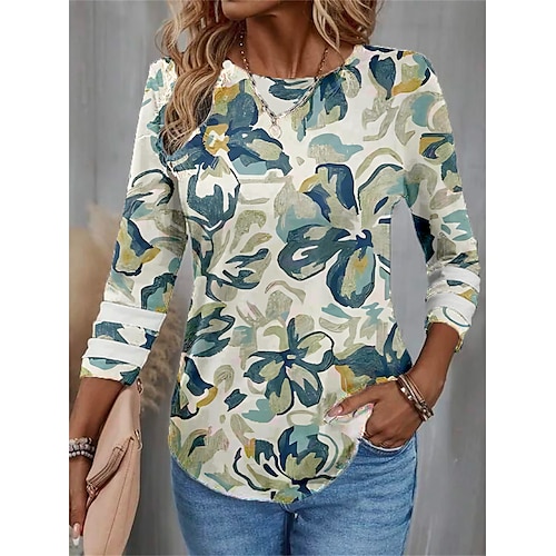 

Damen T Shirt Gras-Grün Blau Grün Blumen Bedruckt Langarm Festtage Wochenende Modisch Basic Elegant Rundhalsausschnitt Regular Fit Blume Farbe Herbst Winter