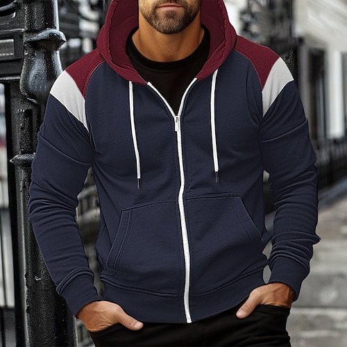 

Men's Hoodie Zip Up Hoodies Black Red Navy Blue Khaki Hooded Color Block Patchwork Pocket Sports Outdoor Daily Holiday Streetwear Cool Casual Spring Fall Clothing Apparel Hoodies Sweatshirts