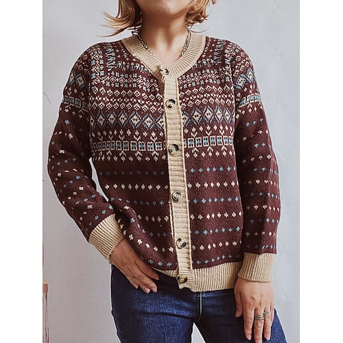 

Mulheres Sueter Cardigan Saltador Estriado Tricotar Botão Geométrica Gola Redonda à moda Casual Diário Para Noite Outono Inverno Branco Marron S M L