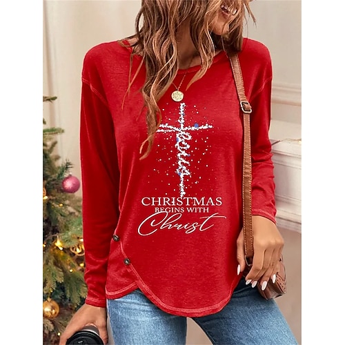 

Femme T shirt Tee Rouge Lettre Imprimer manche longue du quotidien Fin de semaine basique Col Rond Standard Peinture Printemps Automne