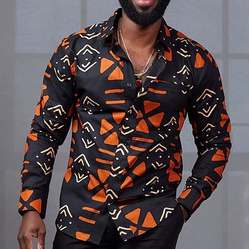 

Men's Shirt Summer Hawaiian Shirt Graphic Prints Geometry Turndown Black Blue Orange Outdoor Street Long Sleeve Print Clothing Apparel Fashion Streetwear Designer Casual