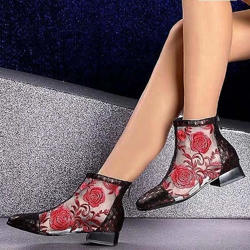 

Femme Bottes Bottines Bottines du quotidien Marche Fleur de satin Talon Cône Talon Bottier Bout pointu Vacances Mode Rétro Vintage Polyuréthane Broderie Rouge Bleu