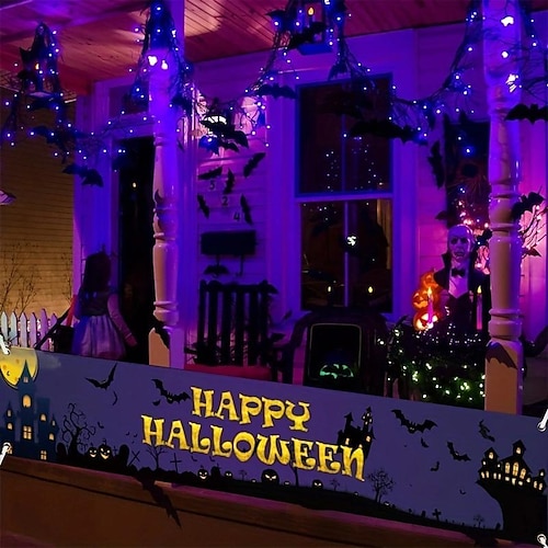 

Black UV Reactive Halloween Banner- Long Halloween Outdoor Decoration Banner Pumpkin Graveyard Background Party Decoration Supplies for Wall Office Fence Yard Garage Backdrop