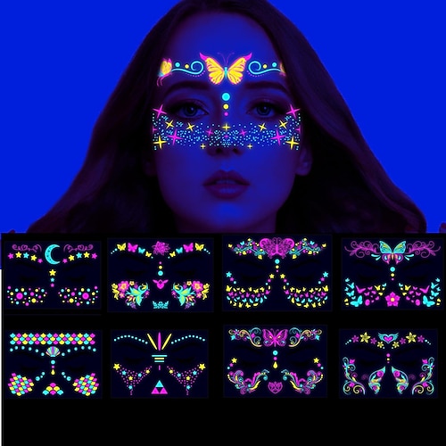 

8 feuilles de tatouages phosphorescents pour adultes, blacklight uv néon brillant tatouages temporaires maquillage papillon tatouages autocollants pour halloween phosphorescent fournitures de fête