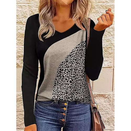 

Damen T Shirt Schwarz Leopard Bedruckt Langarm Täglich Wochenende Basic V Ausschnitt Regular Fit Farbe Herbst Winter