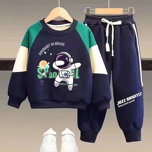 

2 Pieces Kids Boys Hoodie & Pants Sweatshirt & Pants Clothing Set Outfit Color Block Letter Astronaut Long Sleeve Pocket Set School Sports Fashion Daily Fall Winter 7-13 Years Black Navy Blue Gray