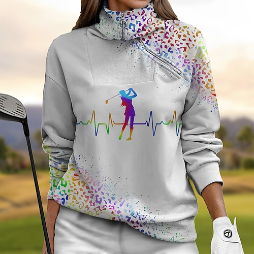 

Femme Sweat à capuche de golf Pull de golf Respirable Séchage rapide Evacuation de l'humidité manche longue Vêtements de golf Vêtements d'extérieur de golf Standard 1/4 Zip Col Montant Léopard Imprimé