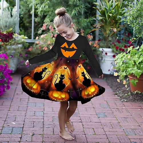 

Halloween-Mädchen-3D-Katzenkleid, A-Linien-Kleid, langärmelig, grafischer Kürbis, 3D-gedruckte Grafikkleider, Vintage, lässig, oberhalb des Knies, Polyester-Kleid, Sommer, Herbst, Kinder, Urlaub, normale Passform, Druck