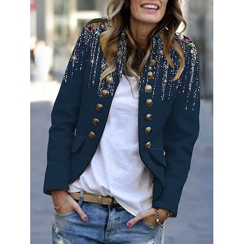 

Mujer Chaqueta casual Casual Estampado Estampado Cómodo Estilo artístico Holgado Ropa de calle Manga Larga Otoño Azul marinero S