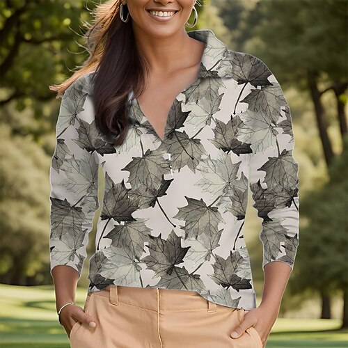 

Femme T-shirt POLO Chemise de golf Respirable Séchage rapide Evacuation de l'humidité manche longue Vêtements de golf Top Standard Feuille Printemps Automne Tennis Le golf Pickleball